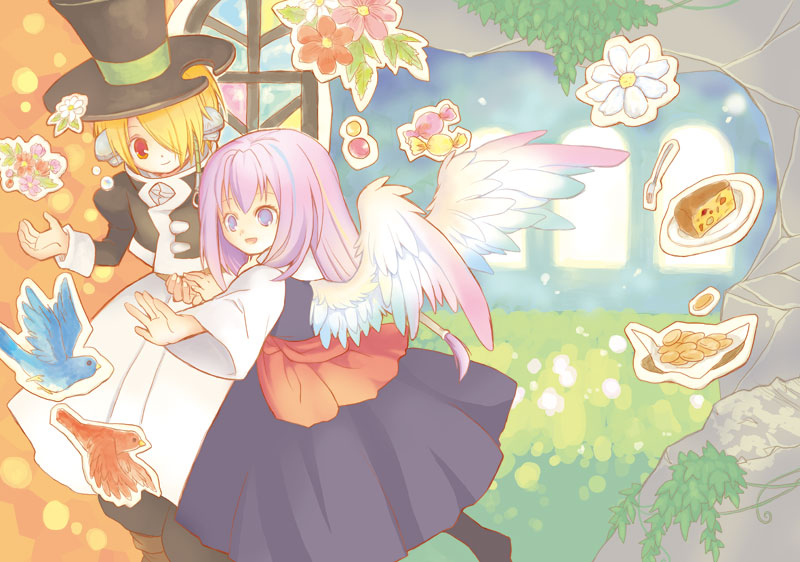 1boy, 1girl, apron, bad_id, bad_pixiv_id, bird, blonde_hair, cake