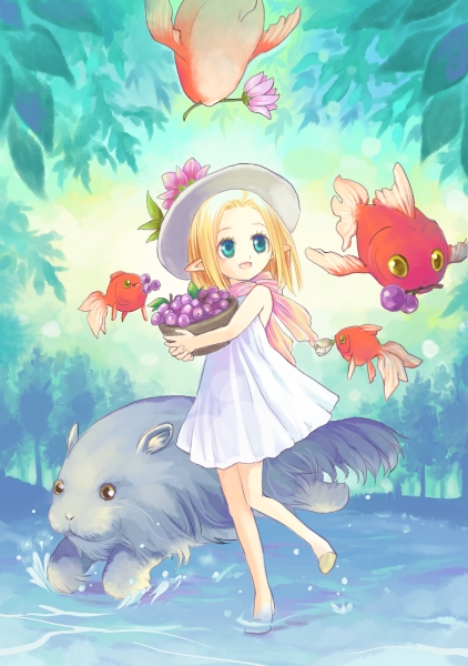 1girl, basket, blonde_hair, creature, dress, female_focus, fish, forest