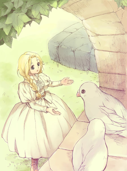 1girl, bird, braid, dress, female_focus, kazaki_(akllab), long_sleeves, mystic_ark, pigeon, puffy_sleeves, solo, twin_braids, white_dress