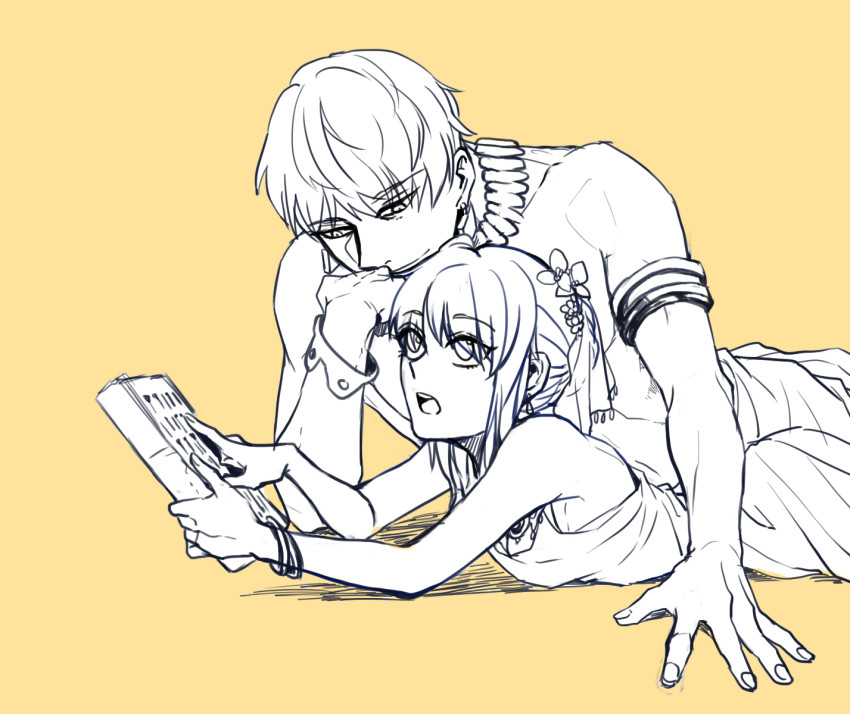 1boy, ahoge, artoria_pendragon_(fate), bad_id, bad_pixiv_id, bracelet, cuneiform, earrings, fate/stay_night, fate_(series), gilgamesh_(fate), highres, jewelry, jisue10, monochrome, necklace, saber_(fate), smile, stone_tablet, toga