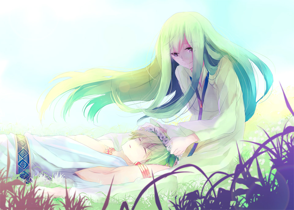 2boys, ancient_greek_clothes, armlet, blonde_hair, chiton, enkidu_(fate), fate/strange_fake, fate/zero