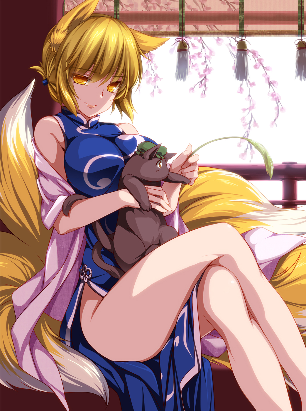 1girl, alternate_costume, animal_ears, blonde_hair, breasts, cat, cat_teaser, chen, chen_(cat), china_dress, chinese_clothes, crossed_legs, dress, female_focus, fox_ears, fox_tail, hat, highres, large_breasts, legs, looking_at_viewer, monety, multiple_tails, no_panties, quipao, short_hair, sitting, smile, solo, tail, thighs, touhou, yakumo_ran, yellow_eyes