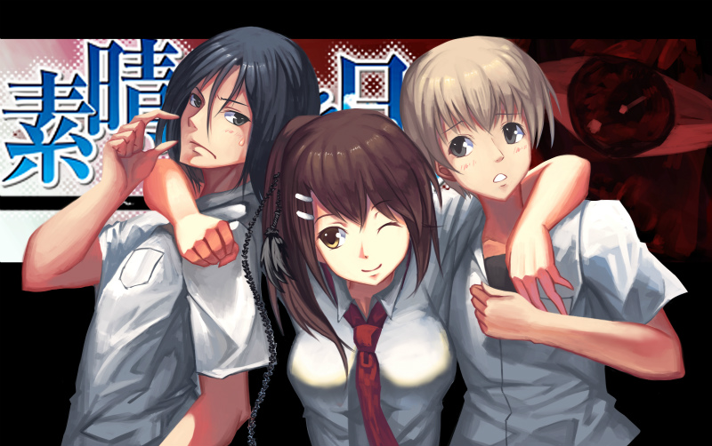 1girl, 2boys, :o, ;), arm_around_shoulder, ayster, bad_id, bad_pixiv_id