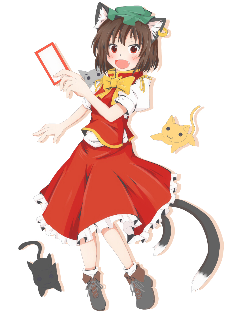 1girl, :d, animal_ears, brown_hair, cat, cat_ears, cat_tail, chen