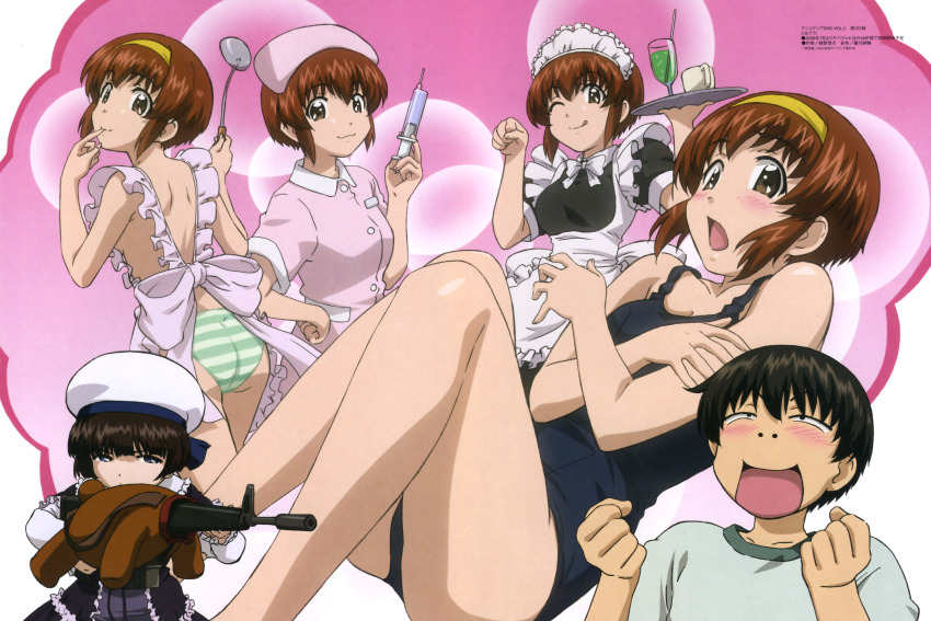 1boy, 2girls, :p, apron, arisaka_kazuki, ass, black_hair, blush, brown_eyes, brown_hair, dreaming, drink, gun, hairband, hat, headband, highres, kagura_marie, kagura_yuuji, ladle, maid, maid_apron, multiple_girls, naked_apron, nearly_naked_apron, needle, non-web_source, nurse, ochi_shinji, one-piece_swimsuit, one_eye_closed, panties, school_swimsuit, short_hair, striped_clothes, striped_panties, swimsuit, syringe, tona-gura!, tongue, tongue_out, tray, underwear, weapon, wink