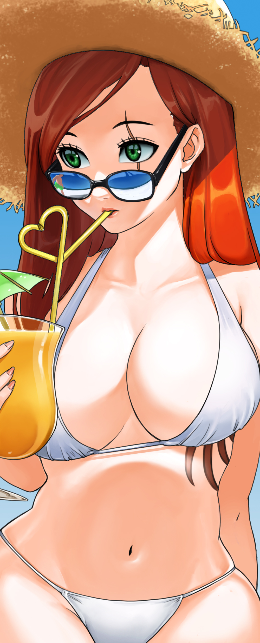 1girl, absurdres, bikini, bling_(wnsdud34), breasts, cleavage, drinking_straw, female_focus, green_eyes, hat, heart, highres, hip_focus, katarina_(league_of_legends), large_breasts, league_of_legends, long_hair, navel, red_hair, scar, skindentation, solo, straw_hat, sunglasses, swimsuit, white_bikini