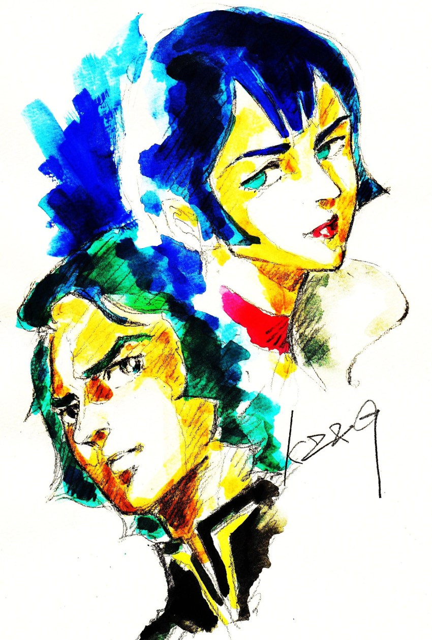 1boy, 1girl, absurdres, bes_jordan, blue_eyes, blue_hair, densetsu_kyojin_ideon, green_hair