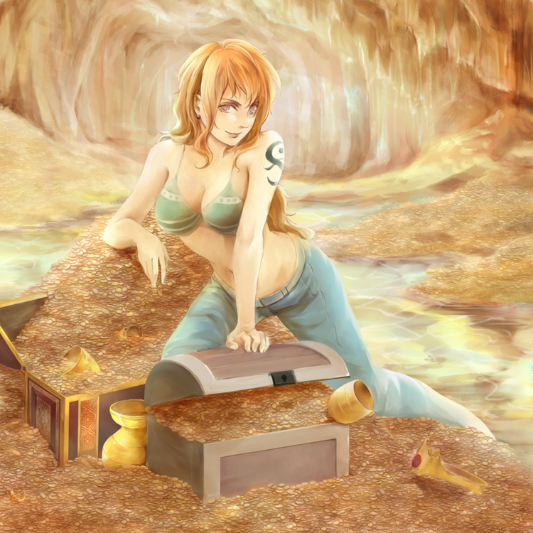 1girl, bikini, bikini_top_only, breasts, cave, cleavage, denim, earrings, female_focus, fishman_island, gold, green_bikini, jeans, jewelry, kneeling, long_hair, midriff, nami_(one_piece), nami_(one_piece)_(return_to_sabaody), one_piece, orange_hair, pants, shiba44469, shoulder_tattoo, smile, solo, striped_bikini, striped_clothes, swimsuit, tattoo, treasure, treasure_chest, water