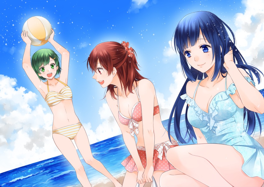 3girls, armpits, arms_up, ball, beach, beachball, bikini, bikini_skirt, blue_eyes, blue_hair, blue_heroine_(boyfriend_(kari)), blue_one-piece_swimsuit, boyfriend_(kari), breasts, brown_hair, casual_one-piece_swimsuit, collarbone, day, frilled_swimsuit, frills, green_eyes, green_hair, green_heroine_(boyfriend_(kari)), hair_ornament, hand_in_own_hair, hatsumi_(mdr323), holding, holding_ball, long_hair, medium_breasts, multiple_girls, navel, ocean, one-piece_swimsuit, open_mouth, original, outdoors, red_bikini, red_eyes, red_hair, red_heroine_(boyfriend_(kari)), short_hair, sky, small_breasts, smile, striped_bikini, striped_clothes, swimsuit