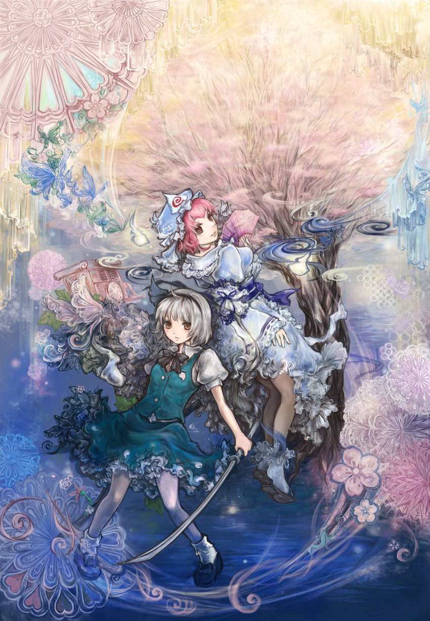 2girls, blue_dress, blue_hat, breasts, brown_eyes, brown_footwear, bug, butterfly