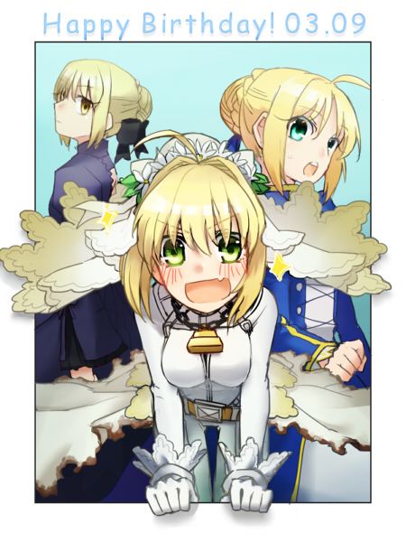 10s, 3girls, ahoge, artoria_pendragon_(fate), bad_id, bad_pixiv_id, belt, blonde_hair, blush, bow, fate/extra, fate/extra_ccc, fate/stay_night, fate_(series), gloves, green_eyes, hair_bow, hair_bun, happy_birthday, looking_at_viewer, looking_back, multiple_girls, nero_claudius_(bride)_(fate), nero_claudius_(fate), open_mouth, ruchi, saber_(fate), saber_alter, saber_alter_(gothic_lolita), single_hair_bun, yellow_eyes, zipper