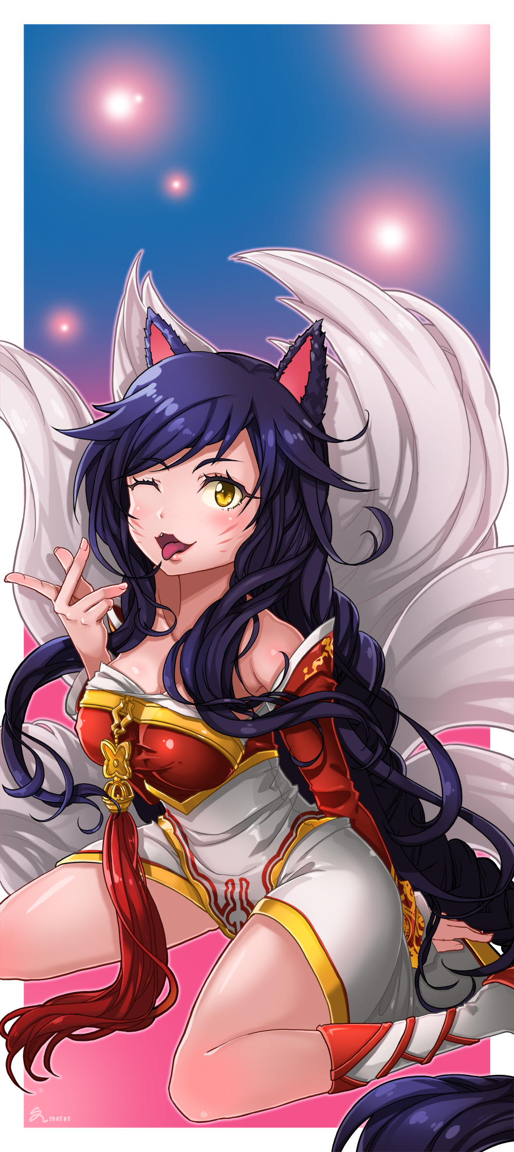 1girl, :p, ahri_(league_of_legends), animal_ears, bad_id, bad_pixiv_id, black_hair, blush, boots, braid, detached_sleeves, dress, facial_mark, female_focus, fox_ears, fox_tail, highres, japanese_clothes, league_of_legends, long_hair, long_sleeves, multiple_tails, one_eye_closed, open_mouth, single_braid, sitting, smile, solo, ssalbaram, tail, tongue, tongue_out, wink, yellow_eyes