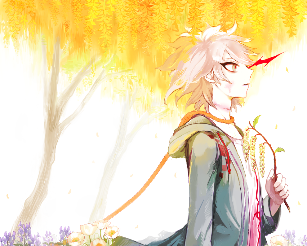 10s, 1boy, bad_id, bad_pixiv_id, bruise, danganronpa_(series), flower, hood, hoodie, injury, jacket, komaeda_nagito, male_focus, meily, noose, open_clothes, open_jacket, profile, red_pupils, short_hair, solo, danganronpa_2:_goodbye_despair, tree, white_hair