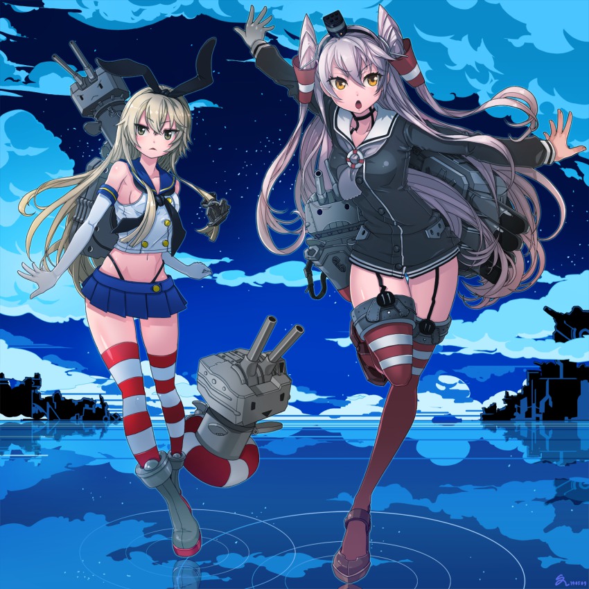 10s, 2girls, amatsukaze_(kancolle), bad_id, bad_pixiv_id, blonde_hair, boots, cloud