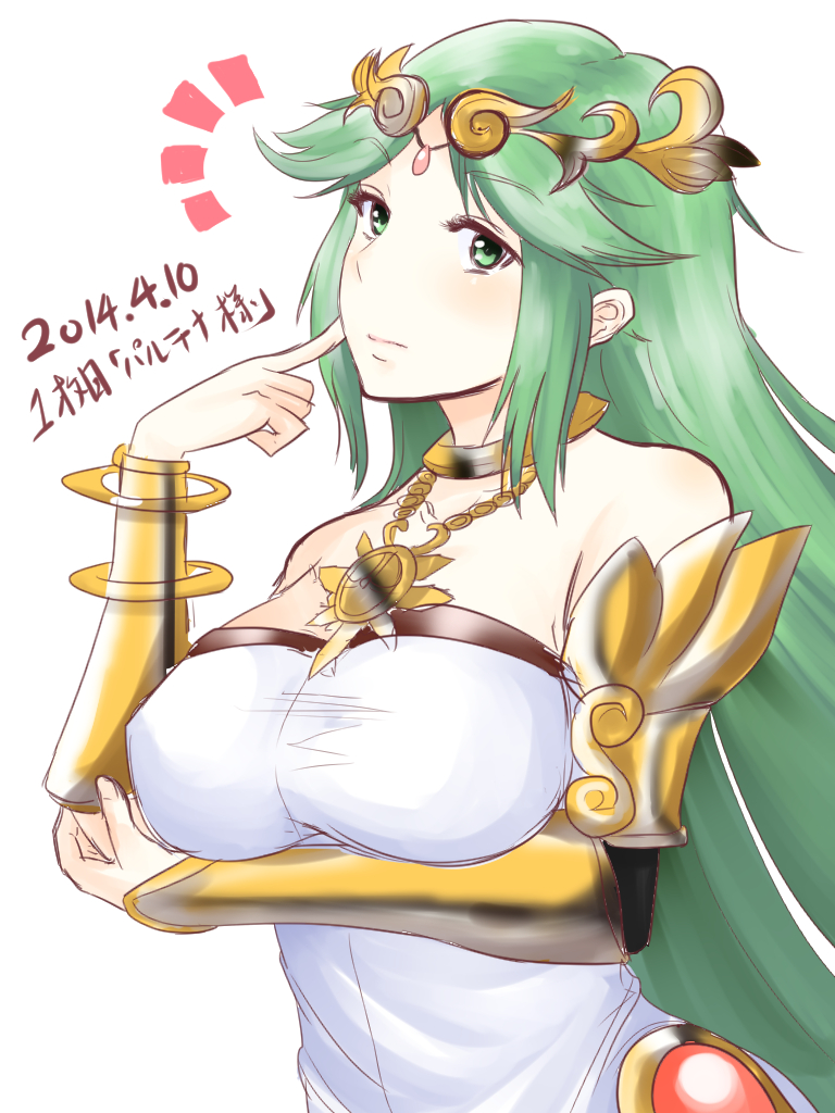 10s, 1girl, 2014, bad_id, bad_nicoseiga_id, bare_shoulders, breasts, dated, female_focus, finger_to_face, green_eyes, green_hair, hirose_geronimo, jewelry, kid_icarus, kid_icarus_uprising, large_breasts, long_hair, lots_of_jewelry, matching_hair/eyes, necklace, nintendo, palutena, simple_background, solo, text_focus, tiara, translation_request, very_long_hair