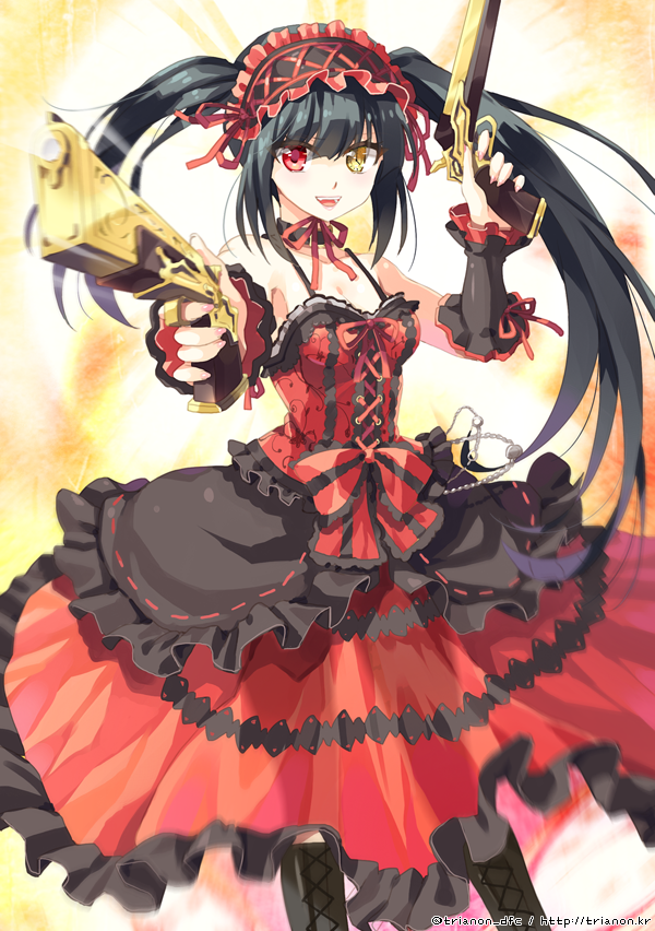 10s, 1girl, bad_id, bad_pixiv_id, bare_shoulders, black_hair, boots, breasts, cleavage, clock_eyes, date_a_live, dress, dual_wielding, female_focus, gun, hairband, heterochromia, holding, lolita_fashion, lolita_hairband, long_hair, looking_at_viewer, red_eyes, rifle, smile, solo, symbol-shaped_pupils, tokisaki_kurumi, trianon, twintails, weapon, yellow_eyes