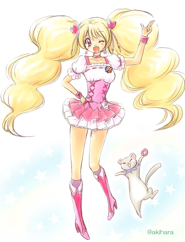 00s, 1girl, akihara_ryou, animal, artist_name, blonde_hair, blush, boots