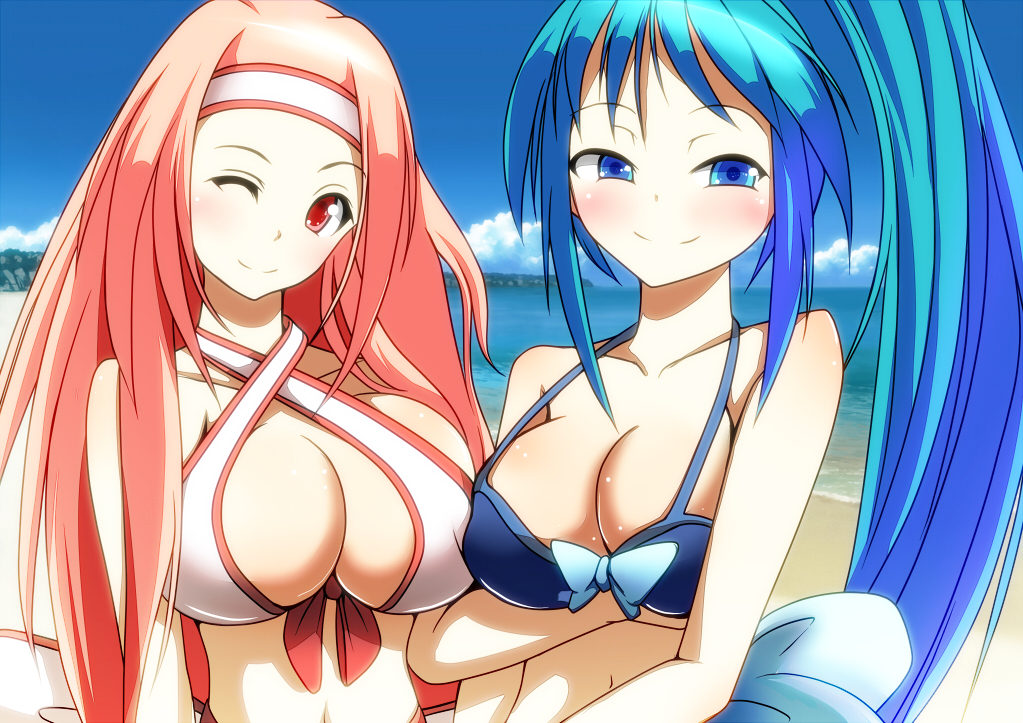 2girls, aqua_hair, beach, bikini, blue_eyes, blush, breasts, chiyome_(p&amp;d), cleavage, criss-cross_halter, day, front-tie_top, hairband, halterneck, hatsume_(p&amp;d), huge_breasts, long_hair, looking_at_viewer, merry_(diameri), multiple_girls, navel, one_eye_closed, pink_hair, ponytail, puzzle_&amp;_dragons, red_eyes, smile, strap_gap, swimsuit, very_long_hair, wink