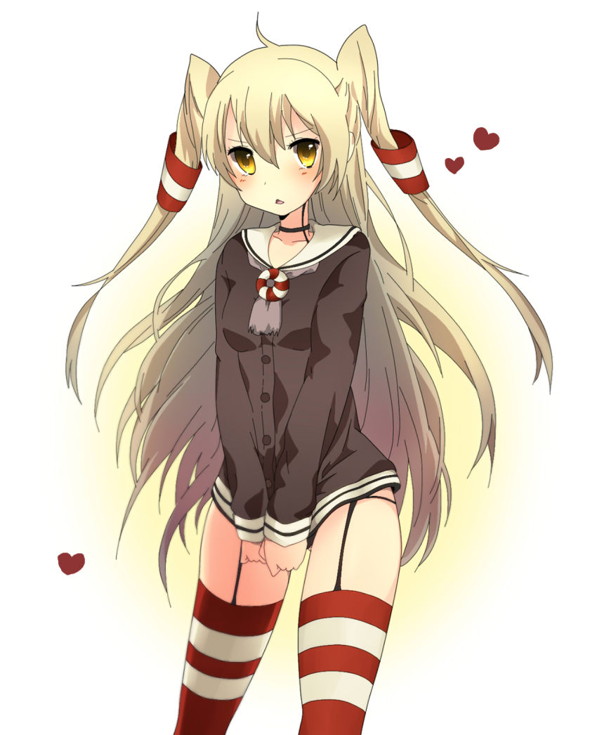 10s, 1girl, akabuchi_megane, alternate_hair_color, amatsukaze_(kancolle), bad_id, bad_pixiv_id, blonde_hair, brown_eyes, dress, female_focus, garter_straps, heart, highres, kantai_collection, long_hair, looking_at_viewer, personification, sailor_dress, school_uniform, serafuku, short_dress, solo, striped_clothes, striped_thighhighs, thighhighs, twintails, two_side_up