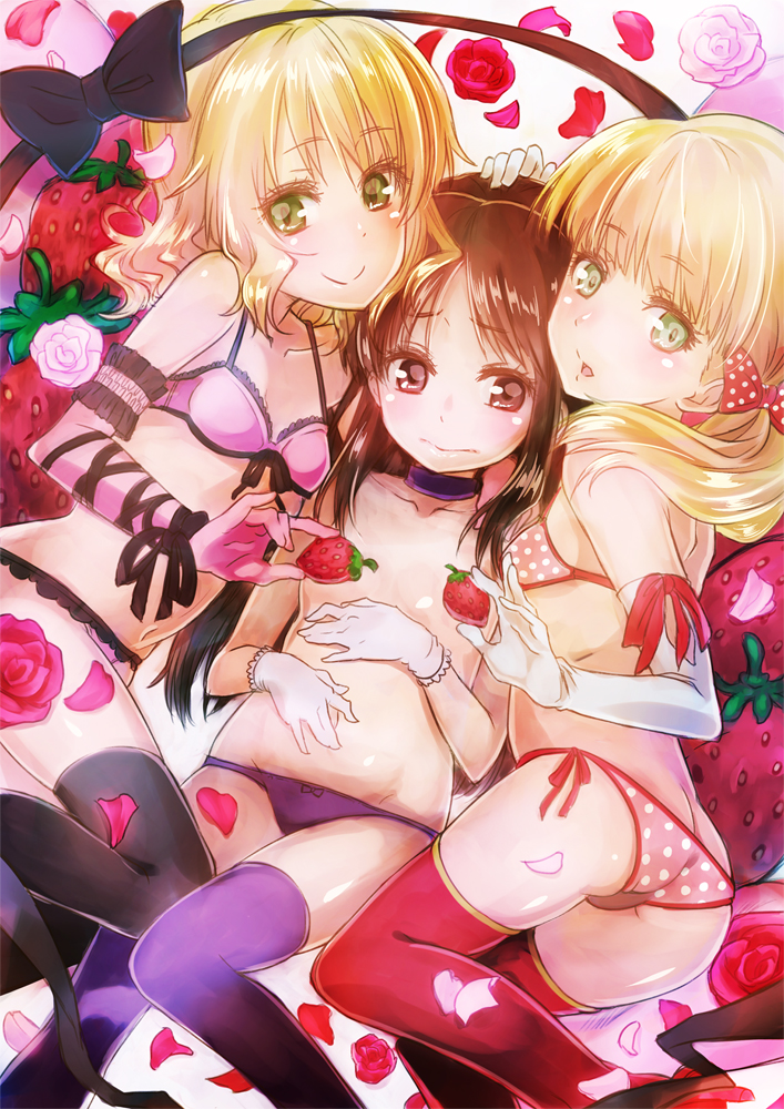 10s, 3girls, akai_kagerou, black_legwear, blonde_hair, bow, bow_panties, bra
