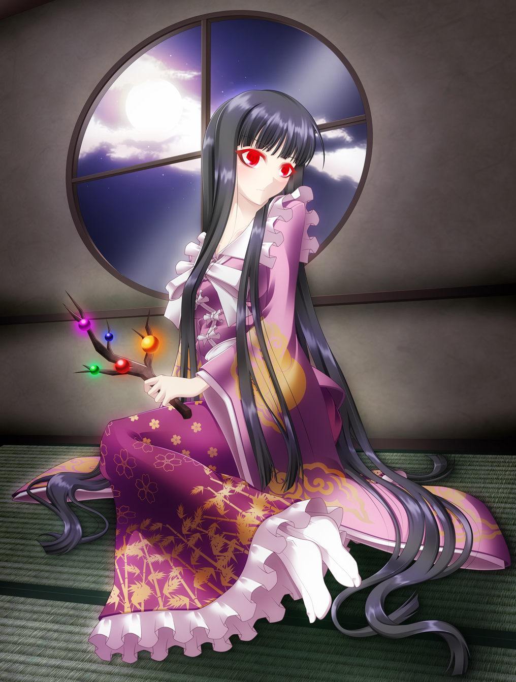 1girl, atukino1129, black_hair, branch, dress, female_focus, full_moon, highres, houraisan_kaguya, jeweled_branch_of_hourai, kinoshita_tsuyuki, long_hair, moon, red_eyes, sitting, socks, solo, touhou, very_long_hair