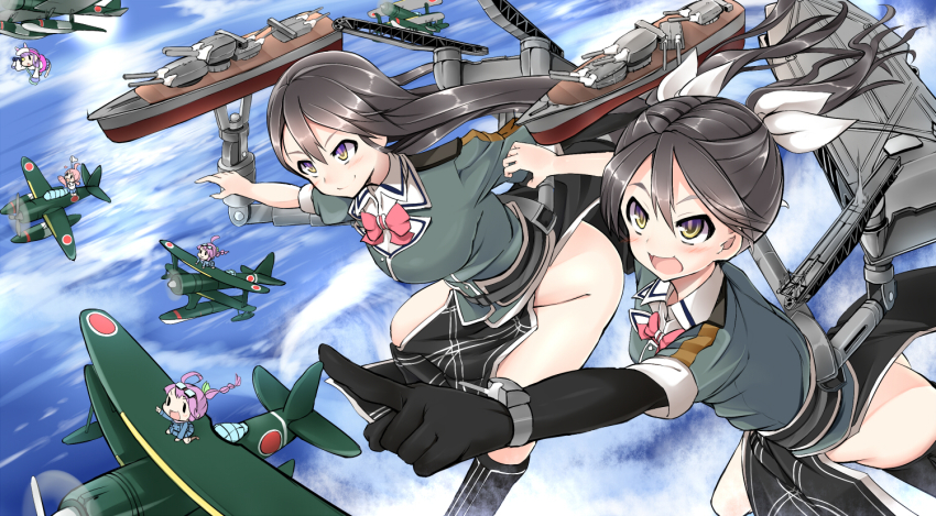 10s, 2girls, aircraft, airplane, bow, brown_hair, chikuma_(kancolle), day