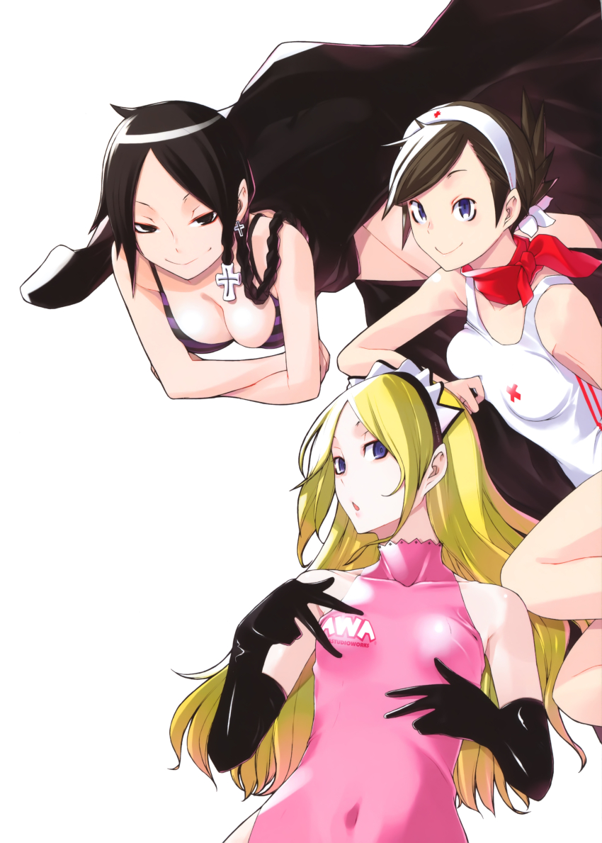 3girls, absurdres, ascot, bare_shoulders, bikini, black_eyes, black_gloves, black_hair, blonde_hair, blue_eyes, braid, breasts, brown_hair, cleavage, collarbone, covered_navel, elbow_gloves, flower, gloves, hair_flower, hair_ornament, hair_up, hairband, highres, looking_at_viewer, lying, mariabell, medium_breasts, multiple_girls, on_back, on_side, on_stomach, one-piece_swimsuit, pink_one-piece_swimsuit, scan, shinatsuhiko_yae, short_hair, simple_background, small_breasts, smile, striped_bikini, striped_clothes, swept_bangs, swimsuit, v_juri_f, white_background, yasuda_suzuhito, yozakura_quartet