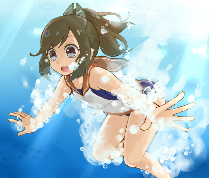 10s, 1girl, air_bubble, bad_id, bad_pixiv_id, bare_shoulders, barefoot, blush, breath, brown_eyes, brown_hair, bubble, female_focus, freediving, holding_breath, i-401_(kancolle), kantai_collection, one-piece_swimsuit, open_mouth, pinatti, ponytail, sailor_collar, school_swimsuit, school_uniform, short_hair, short_ponytail, solo, swimming, swimsuit, tan, underwater