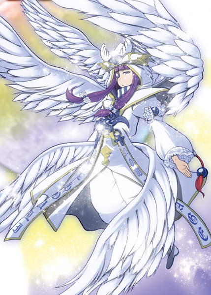 1girl, alternate_costume, angel_wings, flying, hat, long_hair, multiple_wings, patchouli_knowledge