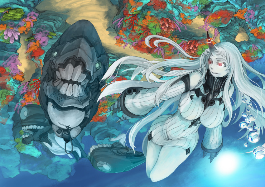 10s, 1girl, absurdres, abyssal_ship, bare_shoulders, breasts, claws, detached_sleeves