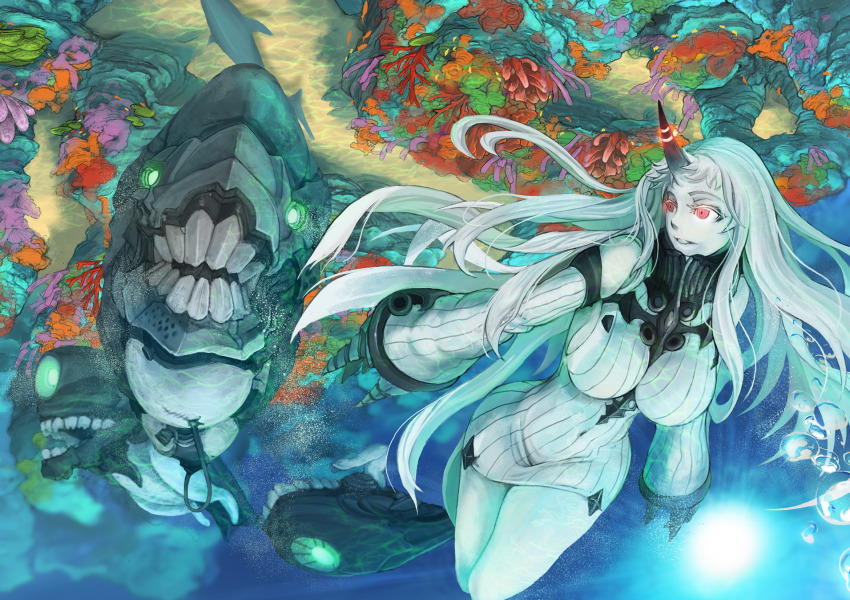 10s, 1girl, abyssal_ship, bare_shoulders, breasts, claws, detached_sleeves, dress