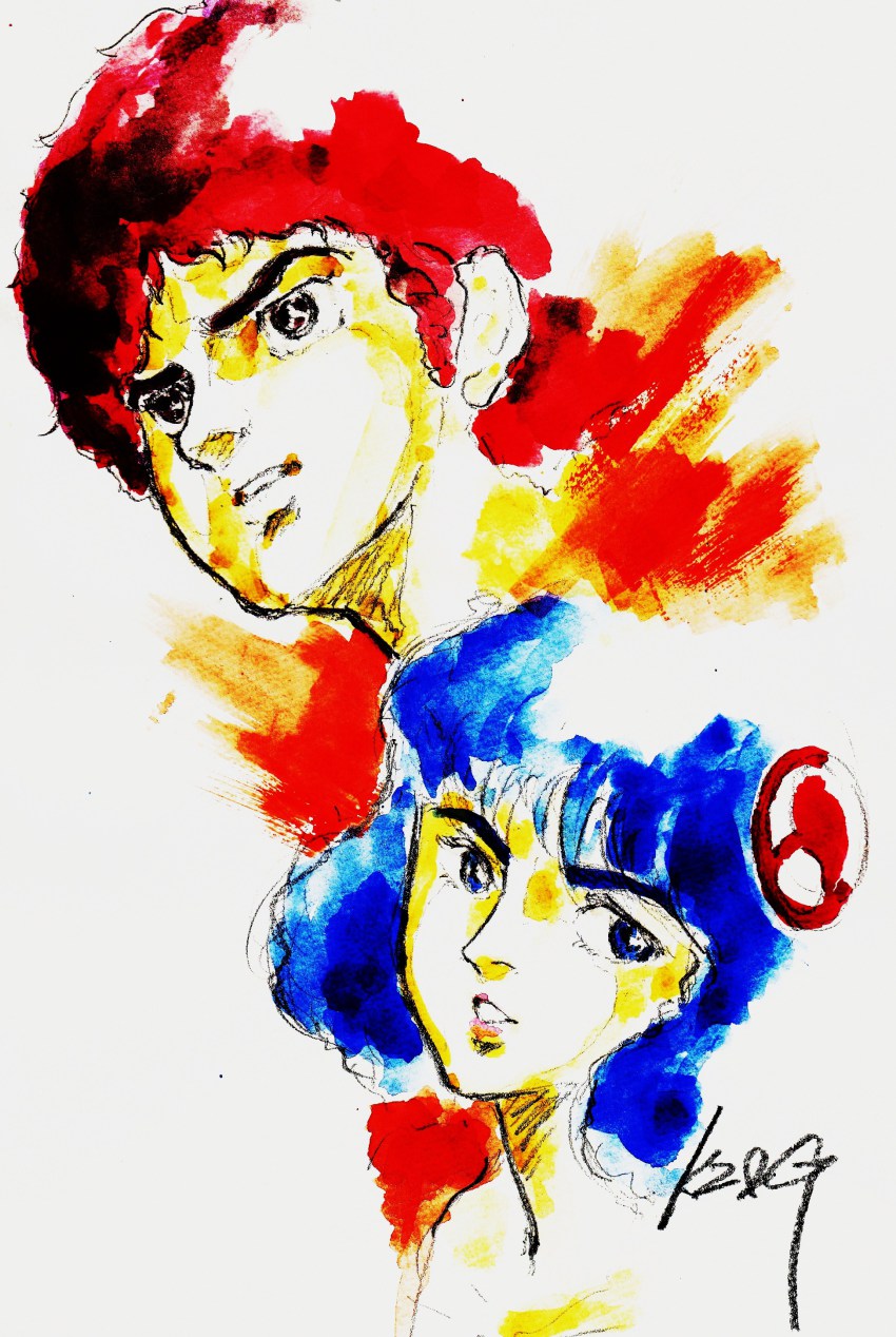 1boy, 1girl, absurdres, blue_eyes, blue_hair, cosmo_yuki, densetsu_kyojin_ideon, highres