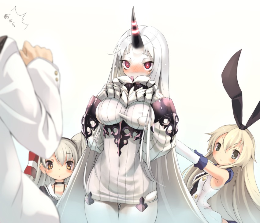 10s, 1boy, 3girls, abyssal_ship, admiral_(kancolle), amatsukaze_(kancolle), bad_id, bad_pixiv_id