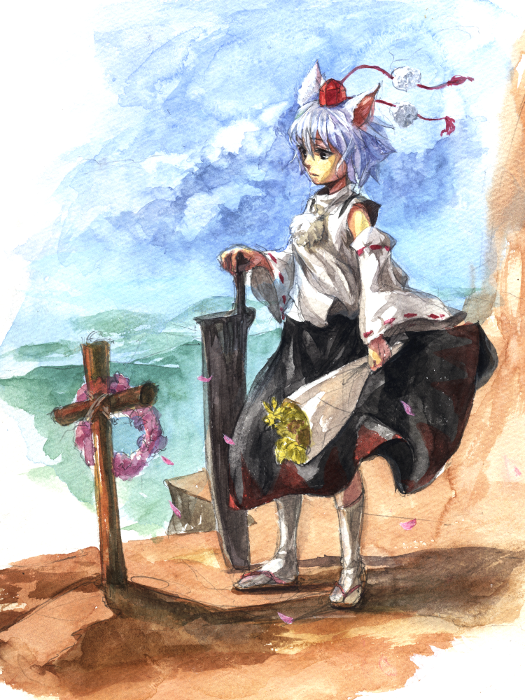1girl, animal_ears, black_eyes, blue_sky, bouquet, cliff, cloud, cross