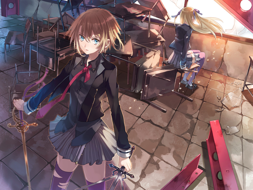 2girls, asymmetrical_dual_wielding, blonde_hair, blue_eyes, bokura_wa_mahou_shoujo_no_naka, classroom, dual_wielding, eihi, holding, long_hair, looking_at_viewer, multiple_girls, multiple_swords, multiple_weapons, school, school_uniform, short_hair, sword, weapon