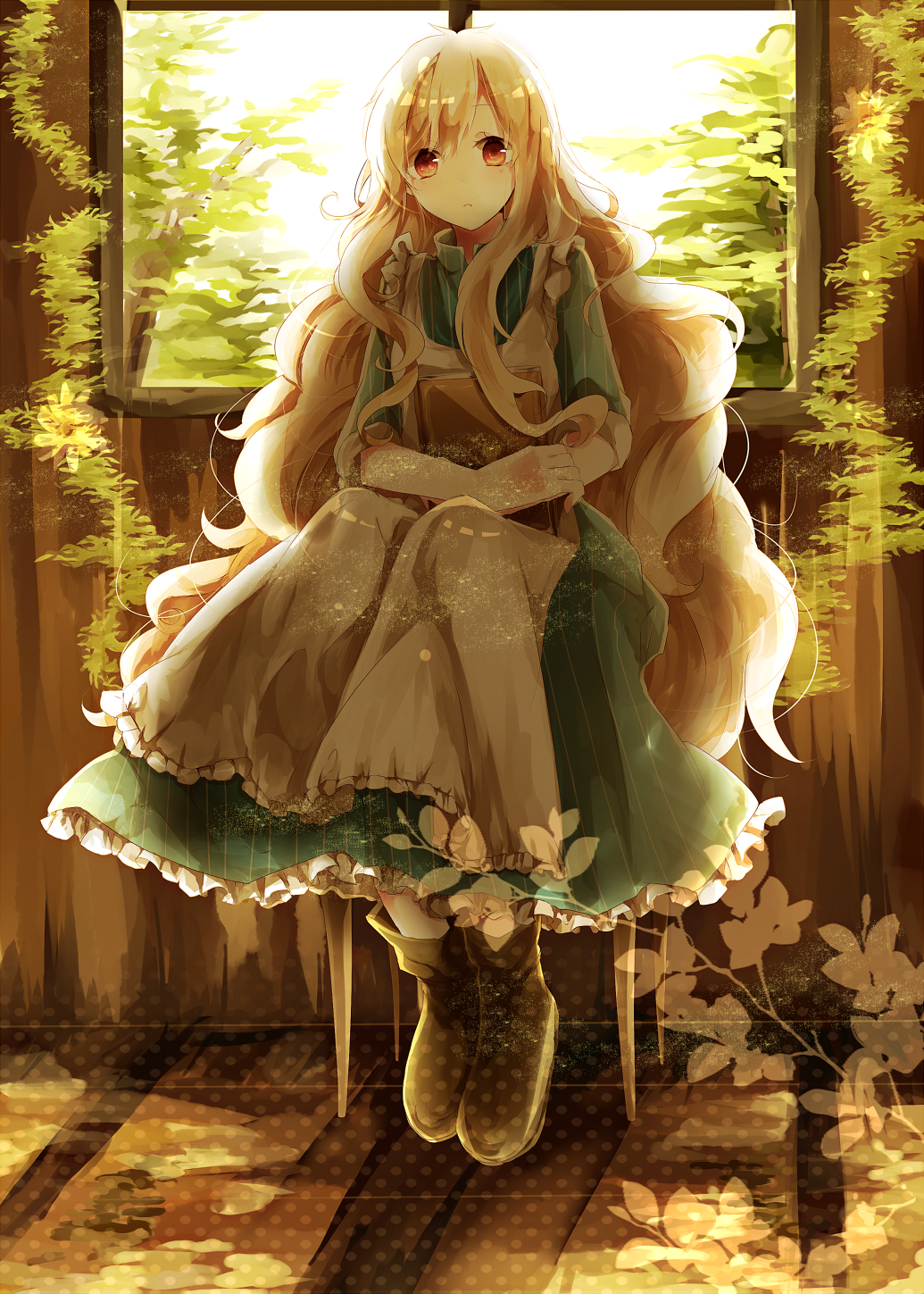 1girl, bad_id, bad_pixiv_id, blonde_hair, book, chair, dress, female_focus, highres, kagerou_project, kinami_mochiko, kozakura_marry, leaf, long_hair, plant, red_eyes, solo, very_long_hair