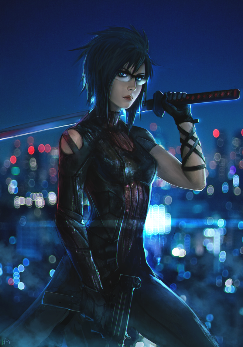 1girl, asymmetrical_clothes, asymmetrical_dual_wielding, backlighting, black_gloves, black_hair, blue_eyes, blurry