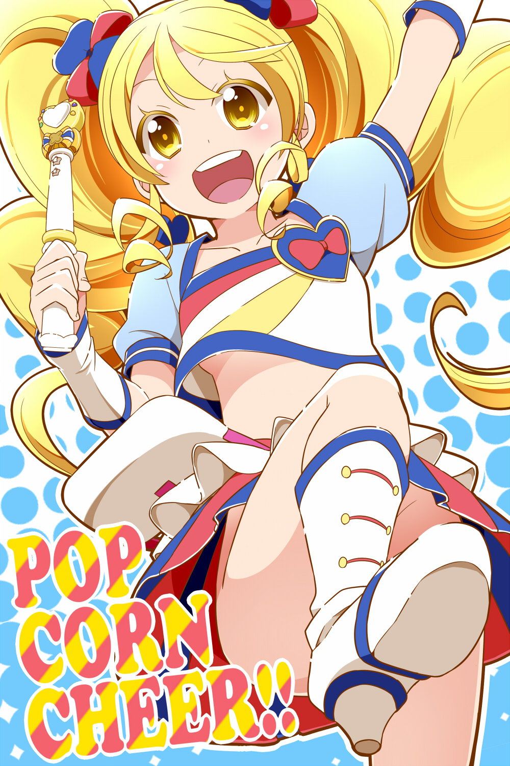 10s, 1girl, alternate_form, blonde_hair, blue_skirt, boots, brooch, cure_honey, cure_honey_(popcorn_cheer), female_focus, happinesscharge_precure!, heart, heart_brooch, highres, jewelry, long_hair, looking_at_viewer, midriff, n_hirune, oomori_yuuko, open_mouth, precure, skirt, solo, twintails, yellow_eyes