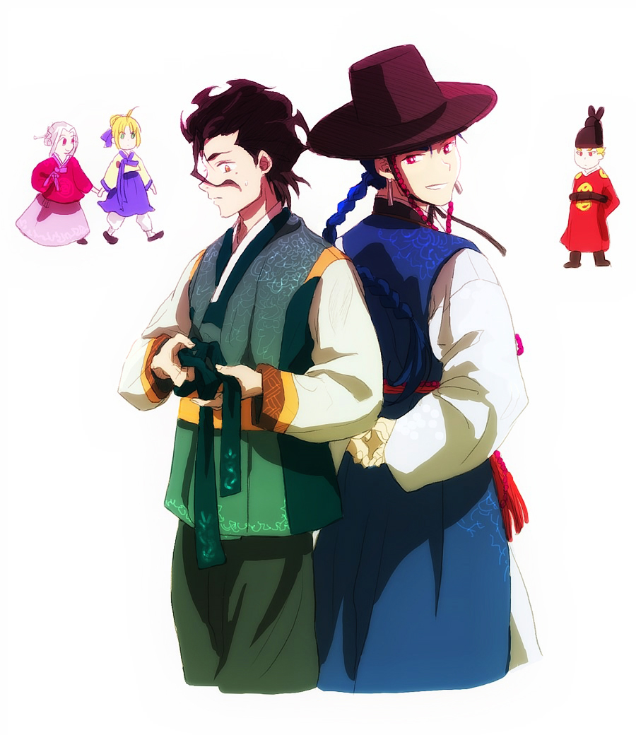 2boys, 2girls, ahoge, alternate_costume, artoria_pendragon_(fate), cu_chulainn_(fate), cu_chulainn_(lancer)_(fate), diarmuid_ua_duibhne_(fate)