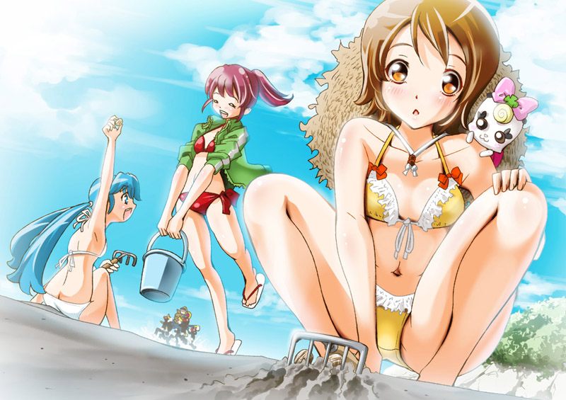 10s, 3girls, aino_megumi, beach, bikini, blue_(precure), blue_eyes, blue_hair, blue_sky, brown_hair, bucket, cloud, day, gabetoshi, gurasan_(precure), happinesscharge_precure!, long_hair, multiple_girls, navel, oomori_yuuko, orange_eyes, outdoors, pink_eyes, pink_hair, ponytail, precure, rake, ribbon_(precure), shirayuki_hime, sky, sogabe_toshinori, squatting, swimsuit