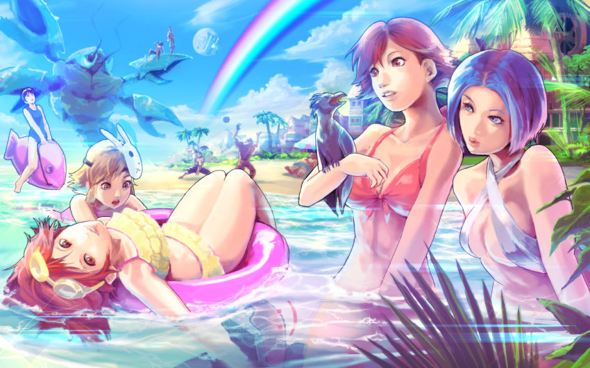 5girls, 6+boys, afloat, animal_on_arm, axton_(borderlands), bare_shoulders, beach, beach_volleyball
