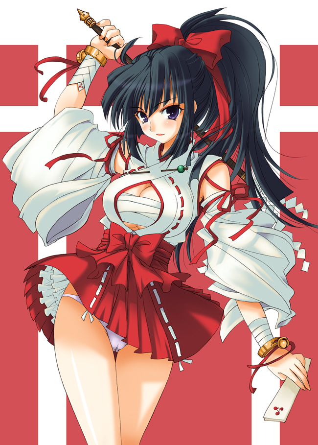 1girl, adapted_uniform, bell, black_hair, blush, bow, breasts, cameltoe, cleavage, detached_sleeves, female_focus, gohei, hair_bow, japanese_clothes, kagawa_tomonobu, large_breasts, miko, nontraditional_miko, oonusa, open_clothes, open_shirt, original, panties, pantyshot, ponytail, purple_eyes, ribbon, sarashi, shirt, solo, sukapon-do, sword, thigh_gap, thighs, underwear, weapon, yano_takumi