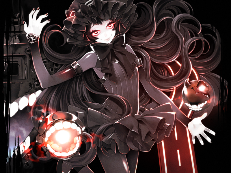 10s, 1girl, abyssal_ship, bad_id, bad_pixiv_id, black_hair, female_focus, glowing, glowing_eyes, gothic_lolita, isolated_island_oni, itoda_(spica), kantai_collection, lolita_fashion, long_hair, looking_at_viewer, md5_mismatch, pale_skin, red_eyes, resolution_mismatch, smile, solo