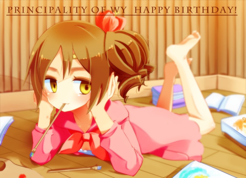 1girl, :3, auag_(sugar_and_spice), axis_powers_hetalia, bandaid, barefoot, birthday, brown_eyes