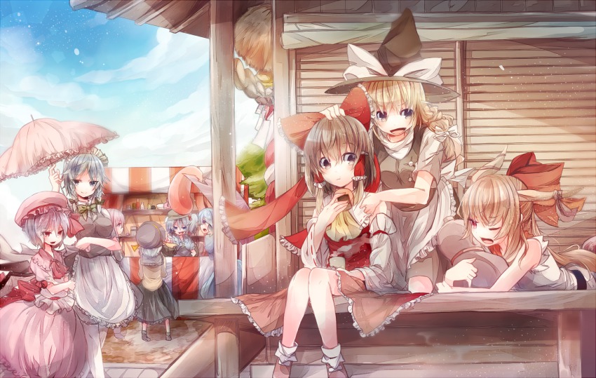 6+girls, apron, ascot, bad_id, bad_pixiv_id, bat_wings, blonde_hair, blue_eyes