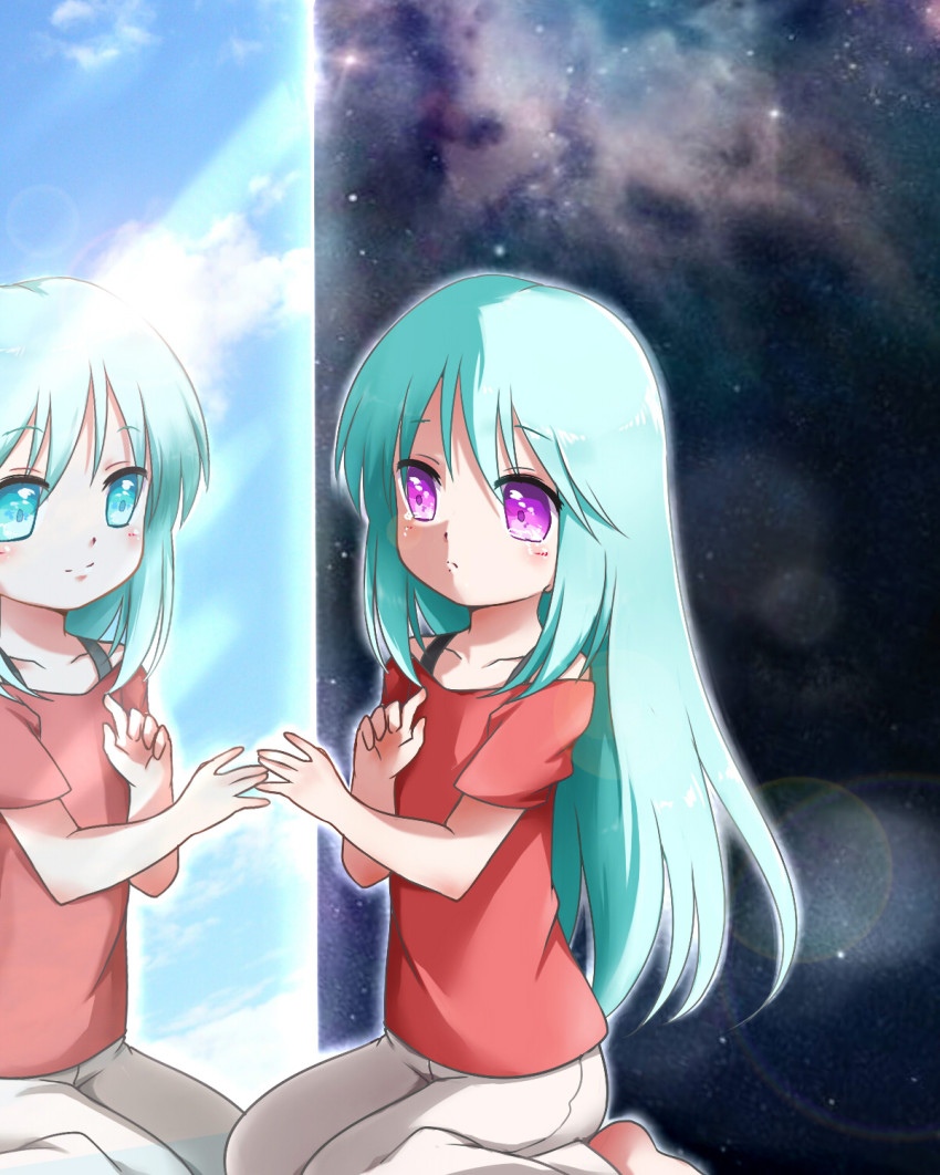 10s, 2girls, aqua_eyes, aqua_hair, bad_id, bad_pixiv_id, gemini_integra, gemini_paradox, highres, mirror, multiple_girls, naionic, pants, purple_eyes, saint_seiya, saint_seiya_omega, shirt, siblings, sisters, tears, touming_renjian, twins, aged_down