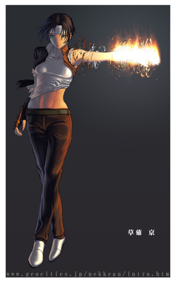1girl, belt, black_background, brown_hair, cosplayer_kyouko, female_focus, fire, genderswap, genderswap_(mtf), gloves, kusanagi_kyou, midriff, nekkeau, pyrokinesis, short_hair, snk, solo, the_king_of_fighters, torn_clothes, watermark, web_address
