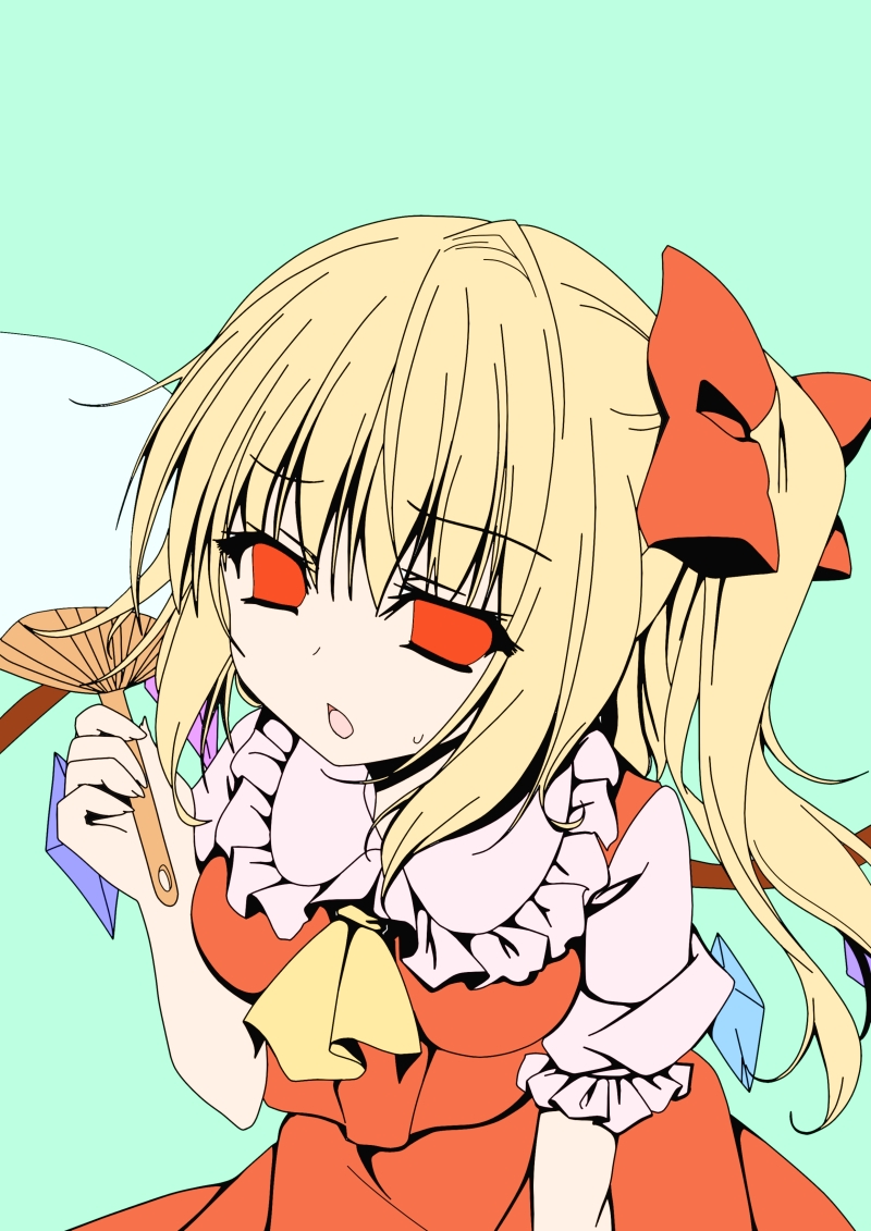 1girl, ascot, blonde_hair, bow, breasts, empty_eyes, female_focus, flandre_scarlet, green_background, hair_bow, hand_fan, mononoke_(karipap-youkai), open_mouth, red_eyes, side_ponytail, simple_background, solo, touhou, wings