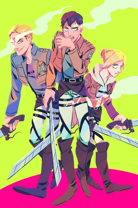 1girl, 2boys, 6hours_(fancycars), annie_leonhart, aquiline_nose, belt, bertolt_hoover, black_hair