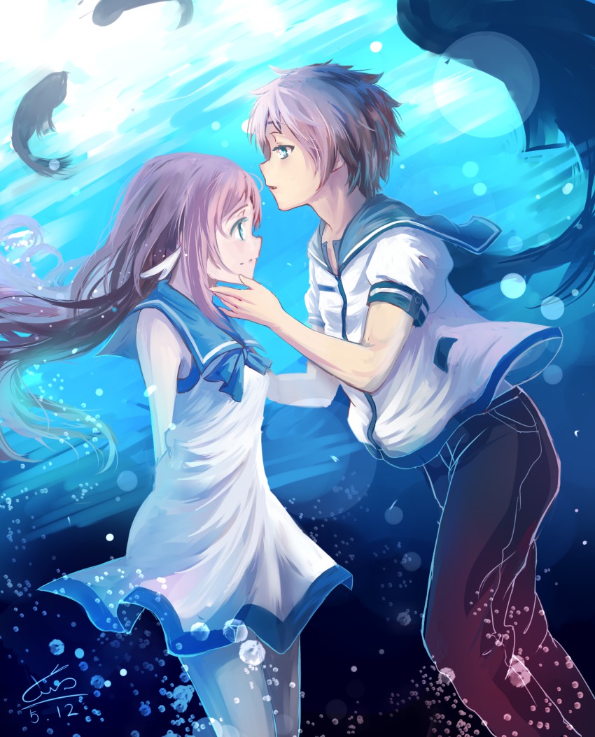 10s, 1boy, 1girl, blue_eyes, brown_hair, couple, dress, fish